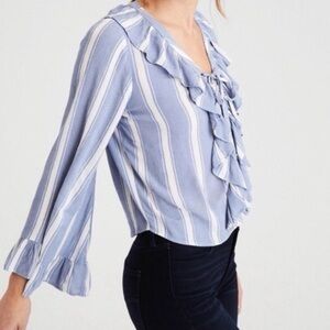 American Eagle Blue and white Striped Ruffle Blouse with bell sleeves